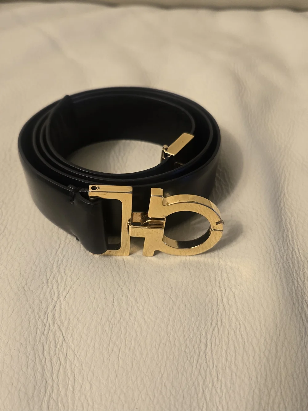 Unisex Black Leather Belt with Gold Double-Loop Buckle
